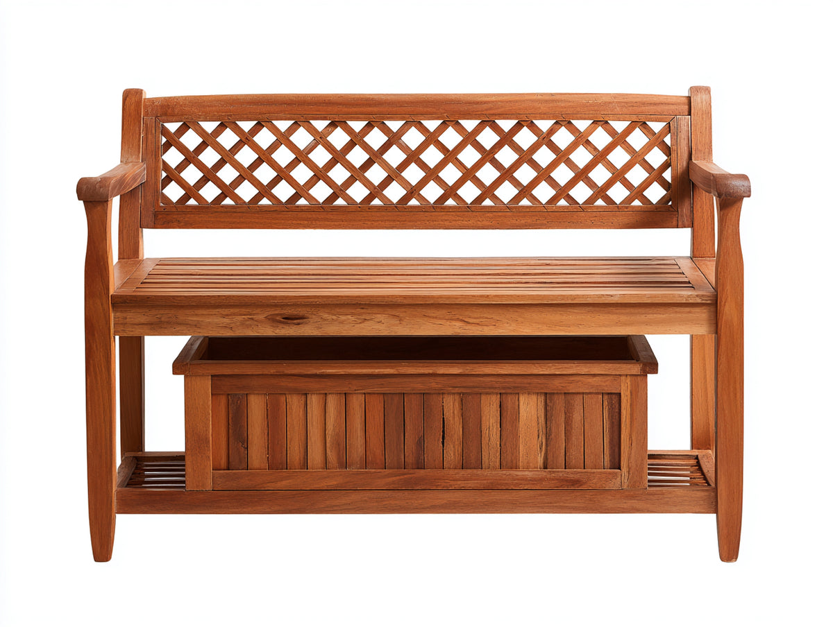 Panche da giardino - Legno massello - 130x60x90 cm - Marrone - Stile rustico con schienale a reticolo e contenitore