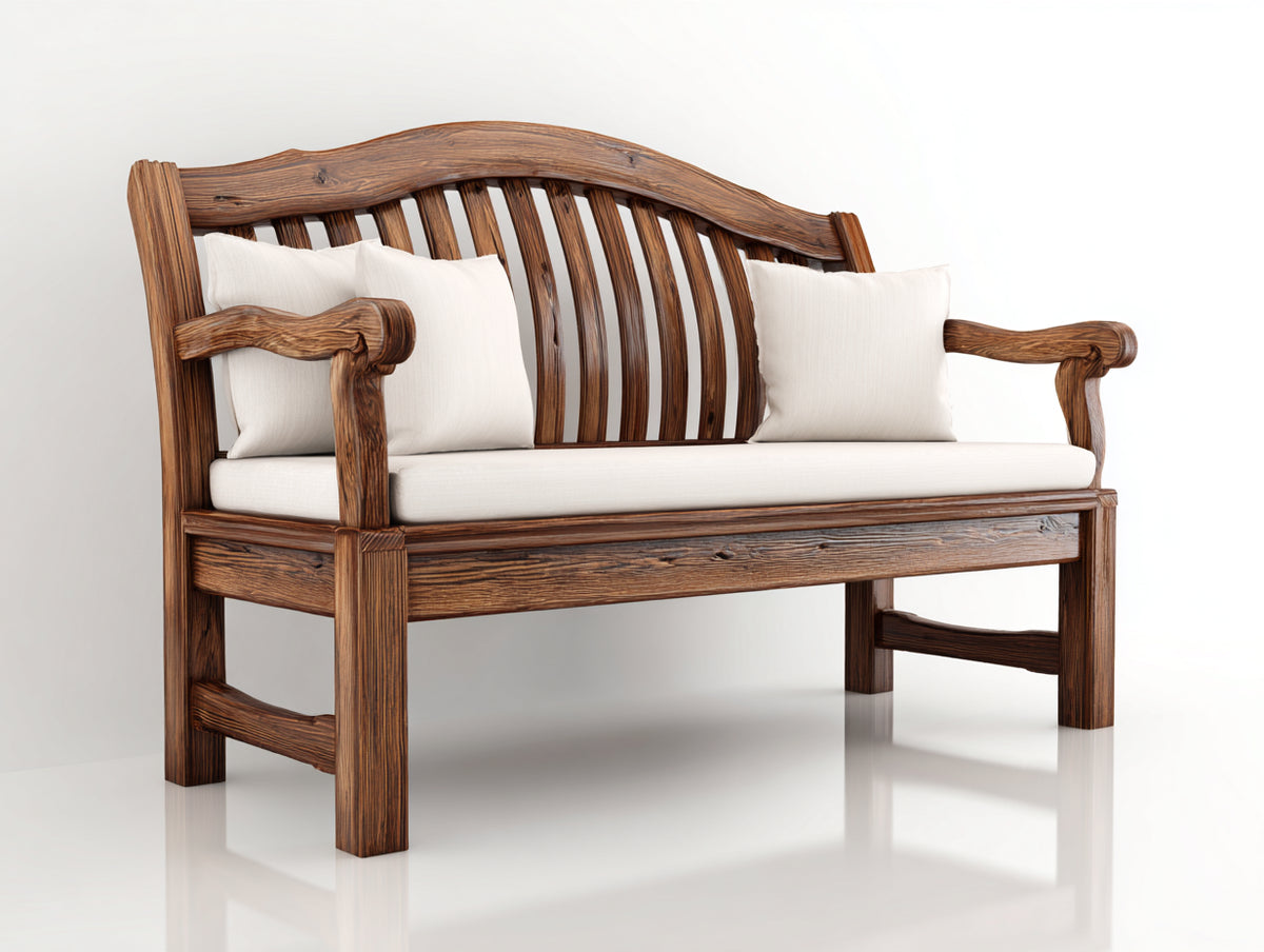 Panche da giardino - Legno massello-Tessuto - 145x65x95 cm - Marrone-Bianco - Stile rustico con schienale curvo